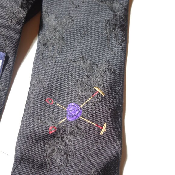 Vtg Ralph Lauren Embroidered Black On Black Equestrian Polo Player Tie Made Hand - Picture 10 of 11